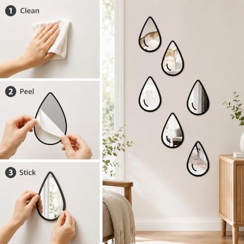1 Set 6pcs Teardrop Mirror Wall Stickers, Self Adhesive Decorative Mirror Tiles, 5.9 x 3.5 Inch Water Drop Wall Mirror Decor for Bedroom Bathroom Living Room Entryway Modern Boho Accent - Image 7