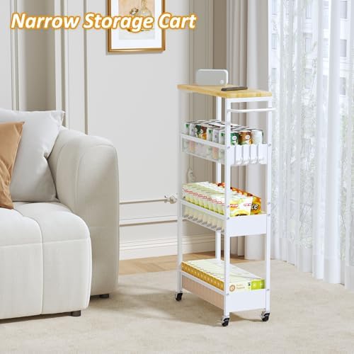Vincona 7.1" Wide Slim Storage Cart on Wheels, 4 Tier Metal Narrow Rolling Cart with Handle and Wood Top, Multifunctional Small Mobile Shelf Unit Organizer Trolley for Laundry, Bathroom, Kitchen - Image 6