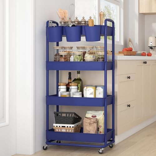 JIUYOTREE 4-Tier Plastic Rolling Storage Cart Utility Cart Blue - Image 6