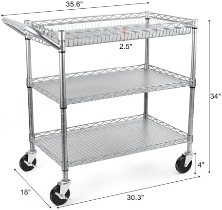 BolDuck Heavy Duty Utility Cart, 990Lbs Capacity 3 Tier Rolling Carts with Wheels, Kitchen Cart on Wheels with Storage, Commercial Grade Metal Serving Carts with Wire Shelving &Handle Bar, Silver - Image 6