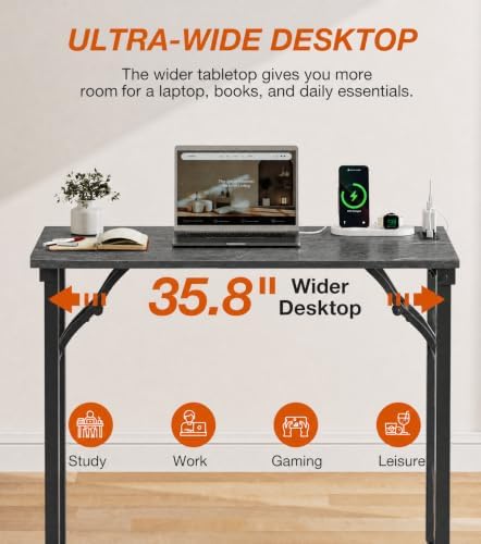 XBurmo Small Folding Desk Folding Table, No Assembly Foldable Desk Gaming Desk, 35.8-Inch Computer Table Workstation with 2 AC Outlets and 2 USB Ports for Bedroom and Home Office, Marble Greige - Image 7