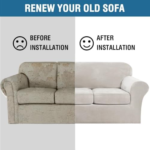 H.VERSAILTEX High Stretch Sofa Slipcover 4 Piece Cover Velvet Furniture Protector Form Fit Thick Velvet Extra Large Sofa Cover for 3 Cushion Couch Width Up to 97 Inch (Large Sofa, Oatmeal) - Image 7
