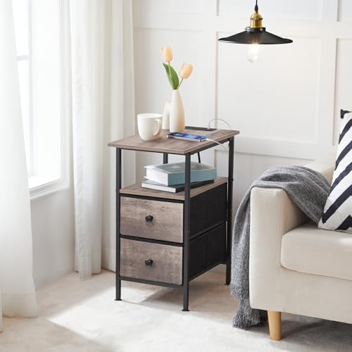 HOOBRO End Table with Charging Station, Narrow Side Table, Nightstand with 2 Non-Woven Drawers, Slim Sofa Side Table, for Small Spaces, Living Room, Bedroom, Greige and Black BG486UBZ01 - Image 6