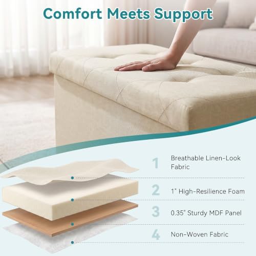 OLIXIS 43 Inch Folding Storage Ottoman Bench, Beige Ottoman with Storage - Image 6