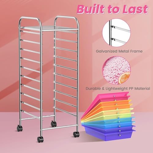 10-Drawer Rolling Storage Cart, Trolley w/Lockable 360° Wheels, 10 Removable PP Drawers, Sturdy Metal Frame, Rolling Utility Cart Perfect for Home, Office, Classroom (Rainbow) - Image 6