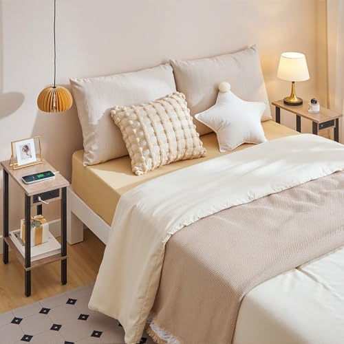 HOOBRO Narrow Side Tables, Set of 2, 2-Tier Slim End Tables with Charging Station, Skinny Nightstands with Open Storage, for Small Spaces, Living Room, Bedroom, Study,Greige and Black BG240UBZP201 - Image 6
