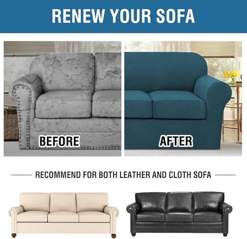 H.VERSAILTEX 4 Piece Stretch Sofa Covers for 3 Cushion Couch Covers for Living Room Furniture Slipcovers (Base Cover Plus 3 Seat Cushion Covers) Thicker Jacquard Fabric (Large Sofa, Deep Teal) - Image 7
