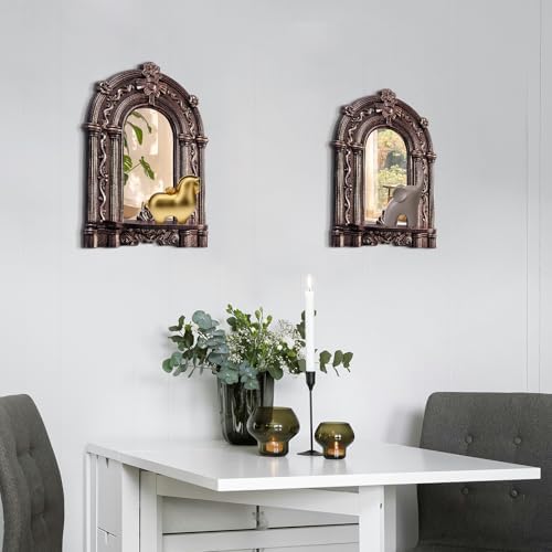2 Set Vintage Candle Wall Sconce for Home Decor Living Room Bedroom Office Wood Antique Mirrored Victorian Mounted Candlestick Wall Holder Relief Hanging Decor -Brown 11.8in - Image 7