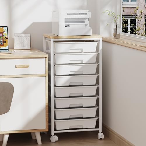 Rolling Cart with 8 Drawers, Storage Drawers Cart with Wooden Tabletop and Lockable Wheels, Craft Storage for Living Room, Office, Classroom, Craft Room, Bedroom - Image 6