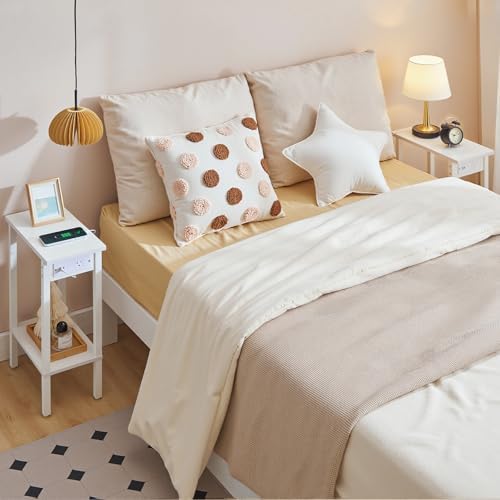 HOOBRO Narrow Side Table, 2-Tier Slim End Table with Charging Station, Skinny Nightstand with Open Storage, for Small Spaces, Living Room, Bedroom, Study, White WT240UBZ01 - Image 6