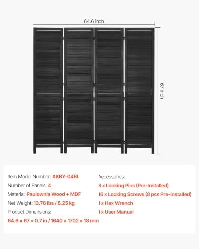 VEVOR Wood Room Divider 4 Panels 67 in Wood Folding Privacy Screen Black | for Room Separation & Home Decor, Solid Frame, 360° Two-Way Hinges, Easy Assembly, Louvered Wooden Partition with Hardware - Image 7