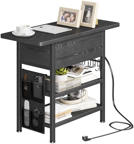 End Table with Charging Station, Flip Top Nightstand with USB Ports and Outlets,Couch Side Table with Fabric Bag and Hooks, Bedside Table for Space Saving, Living Room, Bedroom (Black) - Image 7