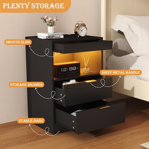 Yusong Night Stand with Gun Drawer & Invisible Lock, Bedside Table, LED Nightstand with Charging Station, Modern Night Stand, Wood Sofa Couch End Side Table with 2 Pull-Out Shelf (Black 002) - Image 6