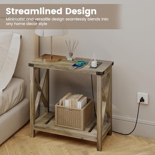 Hadulcet Farmhouse Side Table with Charging Station - Narrow Bedside Table for Small Space, Slim End Table, Rustic X-Design Nightstand for Living Room, Bedroom, Elegant Gray - Image 7
