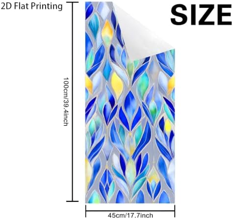 Blue Stained Glass Window Film, Decorative Static Cling Window Privacy Cling, 17.5 x 39.4 Inch Removable No Glue Geometric Leaf Window Film for Bathroom Bedroom - Image 6