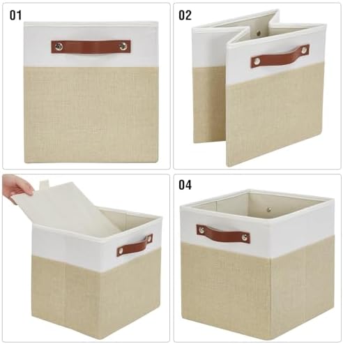 Bagnizer Collapsible Fabric Storage Cube Bins with 2 Reinforced PU Handles, Foldable Storage Organizer Baskets for Closet, Shelves, Living Room | 11"x11"x11", 4 Pack, Beige & White - Image 6