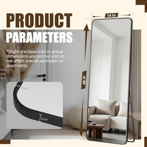 Antok Over The Door Mirror Full Length, 49'' x 14''Wall Mounted Hanging Mirror, Aluminum Alloy Frame, Shatterproof Glass, No Drill Installation for Bedroom, Closet, Bathroom, Dorm, Round Corner,Black - Image 6