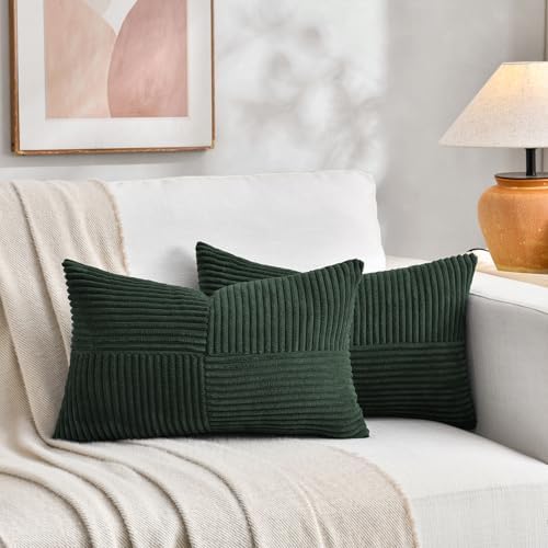 Fancy Homi 2 Packs Dark Green Lumbar Decorative Throw Pillow Covers 16x26 Inch for Living Room Couch Bed, Rustic Farmhouse Boho Home Decor, Soft Striped Corduroy Rectangle Accent Cushion Case 65x40 cm - Image 5