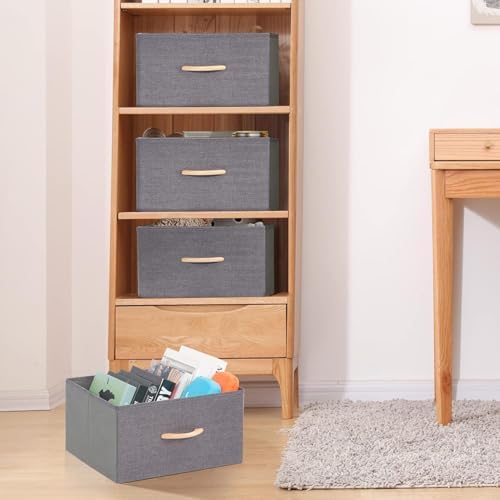 Large Storage Bins, Foldable Storage Baskets with Wooden Handles, Fabric Clothes Storage Boxes for Shelves for Organizing Closet Shelf Nursery, Grey 2-Pack - Image 7