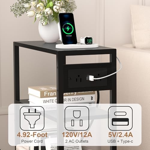 Small Narrow Side Table with Charging Station, Skinny End Table for Small Spaces, Slim Nightstand with Outlets, Sofa Bedside Table in Living Room, Bedroom, Study, Kitchen and Balcony(Black) - Image 6