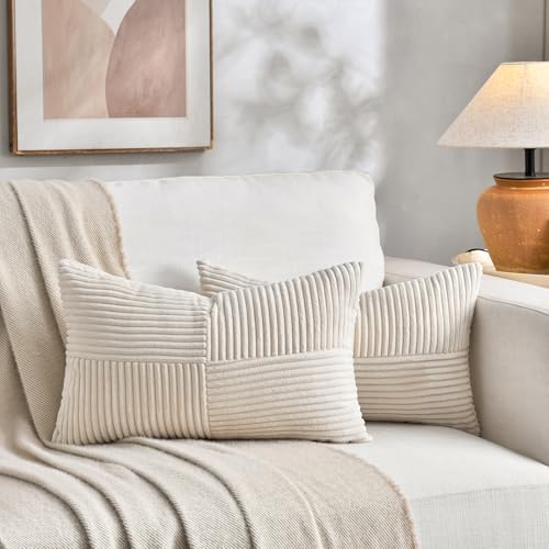 Fancy Homi 2 Packs Cream Lumbar Decorative Throw Pillow Covers 16x26 Inch for Living Room Couch Bed Sofa, Rustic Farmhouse Boho Home Decor, Soft Striped Corduroy Rectangle Accent Cushion Case - Image 5