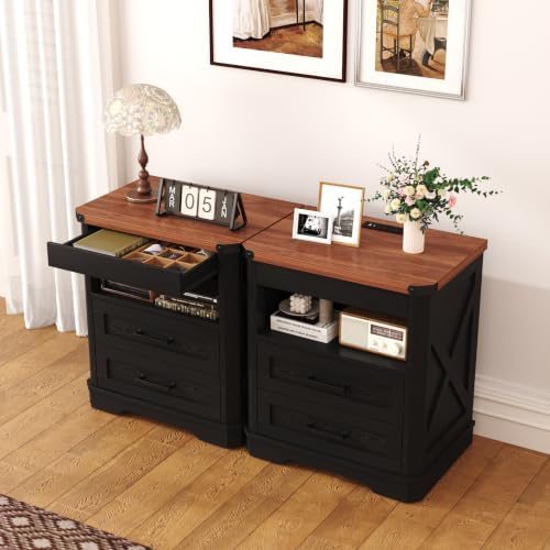 Yusong Farmhouse Night Stand with Gun Drawer & Invisible Lock, Rustic Wooden Night Stand with Charging Station, Beside Table with Drawers and Open Storage, End Tables for Bedroom, Black - Image 7