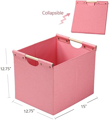 HOONEX Large Foldable Storage Bins, Linen Fabric, Pack of 2, Storage Baskets with Wooden Carry Handles and Sturdy Heavy Cardboard, for Home, Office, Car, Nursery, Pink - Image 6