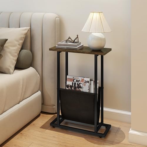 Acovy Narrow Side Table for Small Place,Metal Table with PU Leather Bag,Slim Nightstand for Reading Or Storage,Sofa Side Table for Living Room,Bedroom,Brown - Image 7