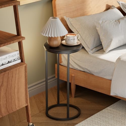 C Shaped end Table,Wood Round Side Table for Couch,Small Sofa Table with Metal Frame for Bedroom,Living Room,Bedside,Black Wood Grain(11.81" D x 11.81" W x 23.62" H) - Image 7