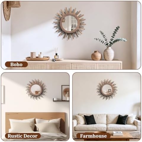 12 Inch Boho Sunburst Mirror, Decorative Rustic Farmhouse Wall Decor for Living Room, Bedroom, Bathroom, Hallway - Tricolor Wood Frame - Image 7