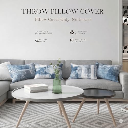 Modern Abstract Throw Pillow Covers 12x20, Blue & Grey Set of 4 - Image 7