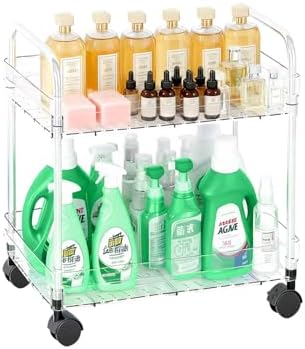 2 Tier Utility Rolling Cart with Wheels Multifunctional Storage Cart Under Desk Storage Organizer with Handle and Hooks for Home Kitchen Office Bathroom Organization Transparent - Image 7