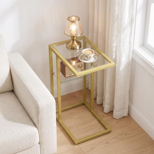 HOOBRO C Shaped End Table, 2-Tier Small Side Table with Glass Tabletop - Image 6
