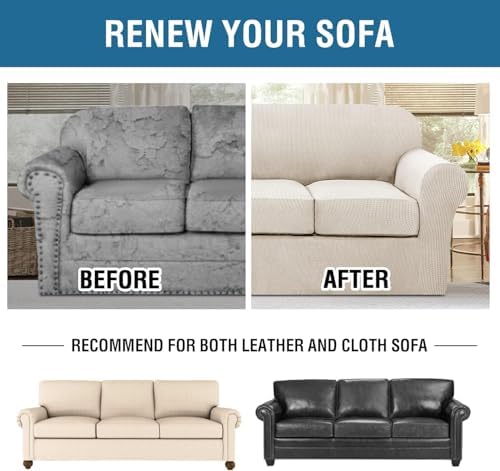 H.VERSAILTEX 4 Piece Stretch Sofa Covers for 3 Cushion Couch Covers for Living Room Furniture Slipcovers (Base Cover Plus 3 Seat Cushion Covers) Thicker Jacquard Fabric (Large Sofa, Island Fossi) - Image 7