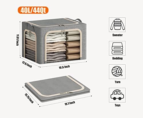 3 Openings Clothes Storage Bins with Metal Frame, Foldable Storage Bin for Clothes, Clothing Storage Bins with Lid, Linen Storage Box With Clear Window& Zippers& Durable Handles.(3 Pcs,Light Grey,40L) - Image 6