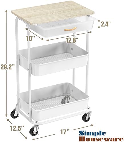 Simple Houseware 3-Tier Rolling Utility Cart with Drawer & Wood Top, Maple - Image 7