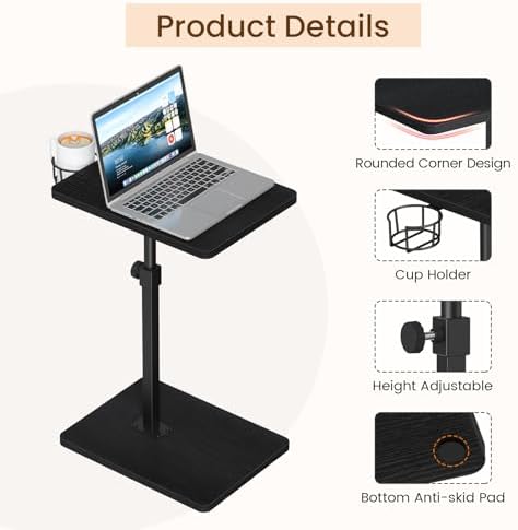 Giikin Side Table, 360 Swivel & Height Adjustable TV Trays for Eating on Couch, Sofa Armrest TV Tray Table with Cup Holder for Small Spaces, C-Shaped, Black, 11.8" D x 15.8" W x 31" H - Image 6