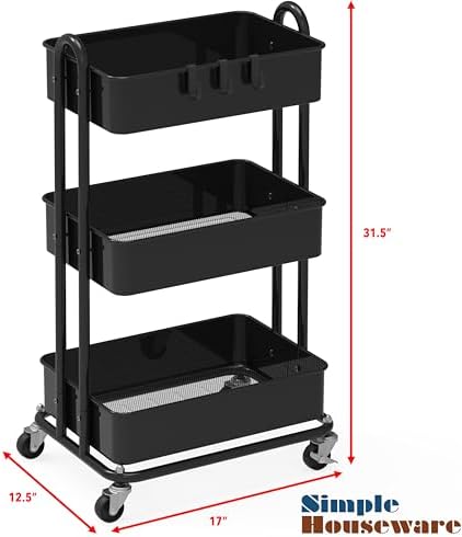 Simple Houseware 3-Tier Heavy Duty Metal Utility Rolling Cart, Black - Image 6