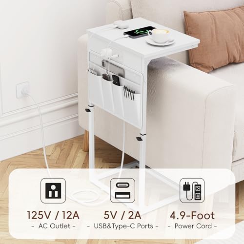 Vagusicc C Shaped End Table with Charging Station, Adjustable Height Side Table for Couch, Sofa Table Laptop Couch Side Tables, Slide Under Sofa TV Tray Arm C Tables for Living Room Bedroom, White - Image 7