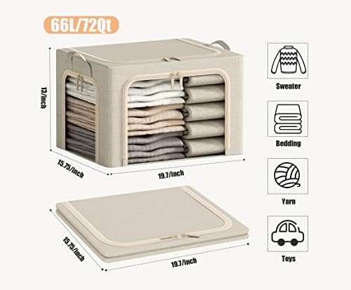 3 Openings Large Clothes Storage Bins with Metal Frame, Foldable Storage Bin for Clothes,Clothing Storage Bins with Lid, Linen Storage Box With Clear Window& Zippers& Durable Handles.(3 Pcs,Beige,66L) - Image 6