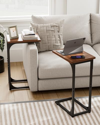 C-Shaped Side Table for Couch - Small Coffee Stand Sofa Tray Desk with Metal Frame and Waterproof Scratch Resistant, Modern End Accent for Living Room, Bedroom, Set of 2, Rustic Walnut - Image 6