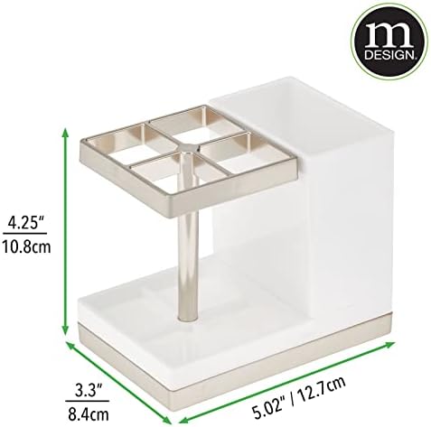 mDesign Plastic Toothbrush and Toothpaste Storage Organizer Holder - Home Decor for Bathroom Countertop - Holds Toiletries and Beauty Accessories - Lumiere Collection - White/Brushed - Image 6