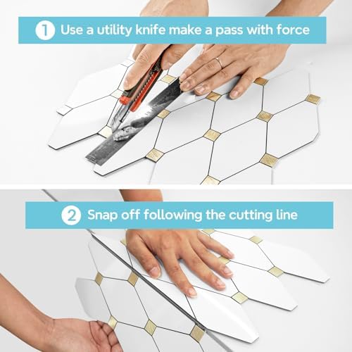 STICKGOO 1 Sheet Peel and Stick Backsplash, Glossy White PVC Mixed Metal Gold Kitchen Backsplash, Stick on Wall Tiles for Kitchen, Bathroom, RV - Image 6