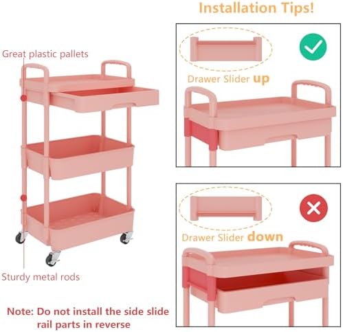 Calmootey 3-Tier Utility Cart with Drawer & Wheels, Storage for Home,Office - Image 6