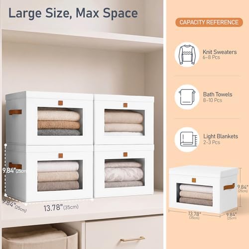 DIMJ Storage Bins with Lids - 6 Pack Front Opening Stackable Fabric Storage Boxes with Clear Window & Handles, Collapsible Closet Organizers for Clothes, Sweaters, Shelf Storage, Bedroom, White - Image 6