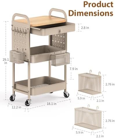ALVOROG 3 Tier Metal Rolling Cart with Drawer,Wood Top,Pegboards,Khaki - Image 6