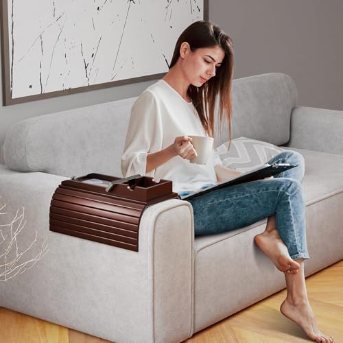Bestjing Bamboo Couch Armrest Table with Cup Holder Tray (Walnut) - Image 6