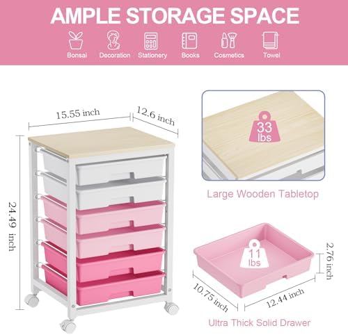 Sykiariol Rolling Cart with 6 Drawers,Pink - Image 6