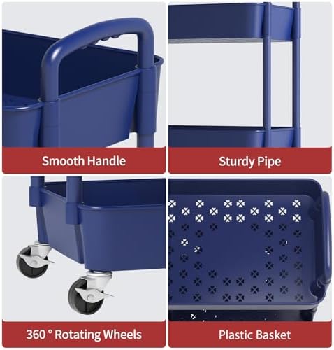 Sywhitta 3-Tier Plastic Rolling Utility Cart with Wheels for Storage,Blue - Image 6