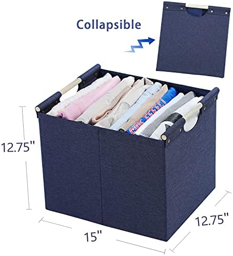 HOONEX Large Foldable Storage Bins, Linen Fabric, Pack of 2, Storage Baskets with Wooden Carry Handles and Sturdy Heavy Cardboard, for Home, Office, Car, Nursery, Blue - Image 6